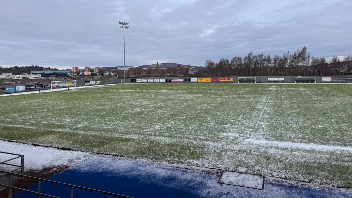 The frozen pitch at the Marbill Coaches Stadium in January 2026