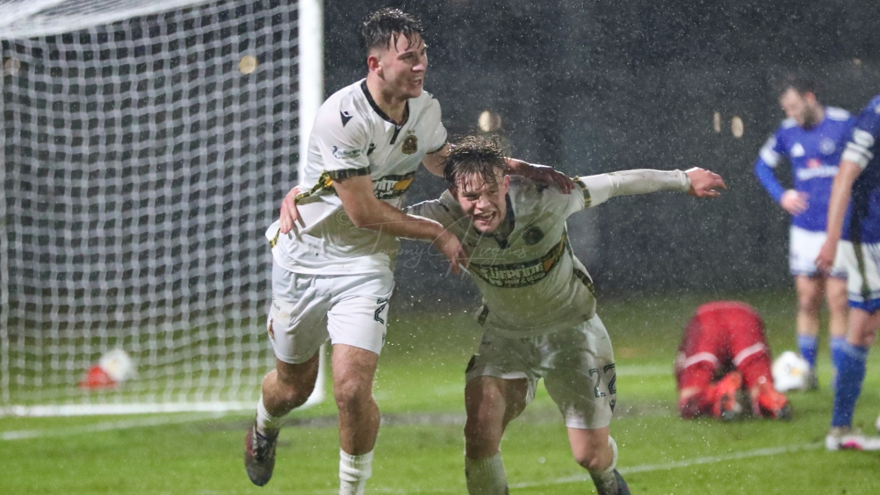 Scott Honeyman celebrates scoring for Dumbarton against Stranraer in March 2026