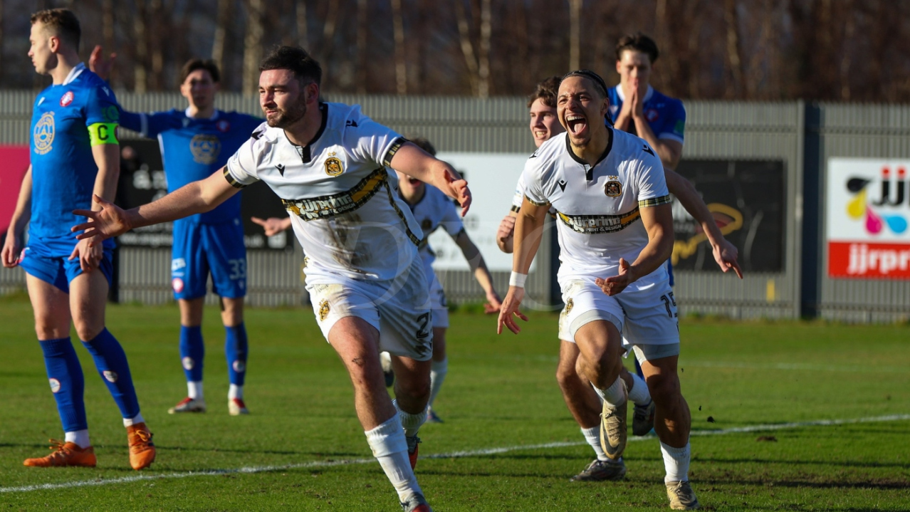 Gordon Walker celebrates scoring for Dumbarton against Spartans in March 2026
