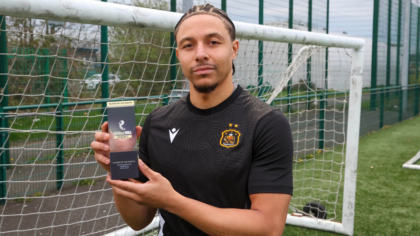 Leighton McIntosh of Dumbarton FC with the William Hill League Two Player of the Month prize
