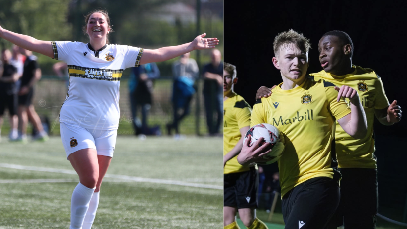 Mirren Esdale of Dumbarton FC women and Cam Donald of Dumbarton FC U20s celebrate goals
