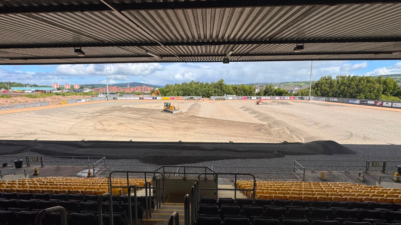 Work ongoing on the pitch at Dumbarton FC's The Rock stadium