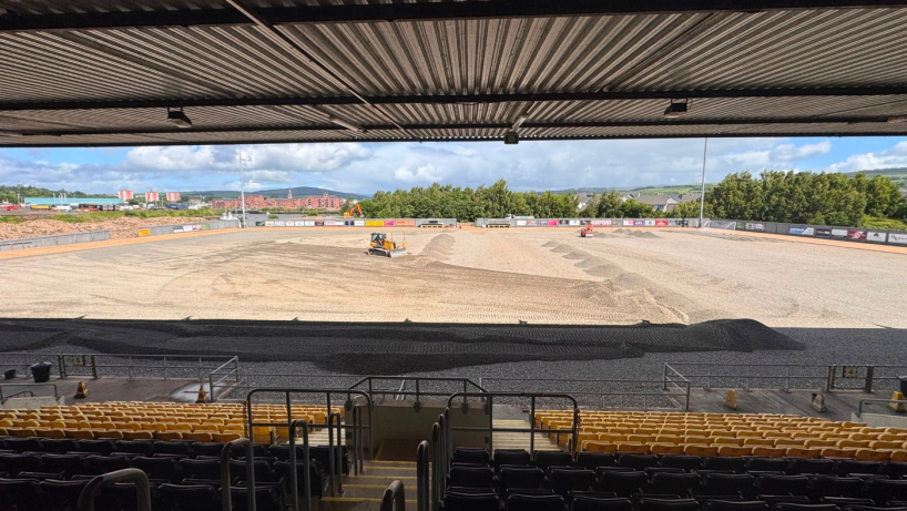 Work ongoing on the pitch at Dumbarton FC's The Rock stadium