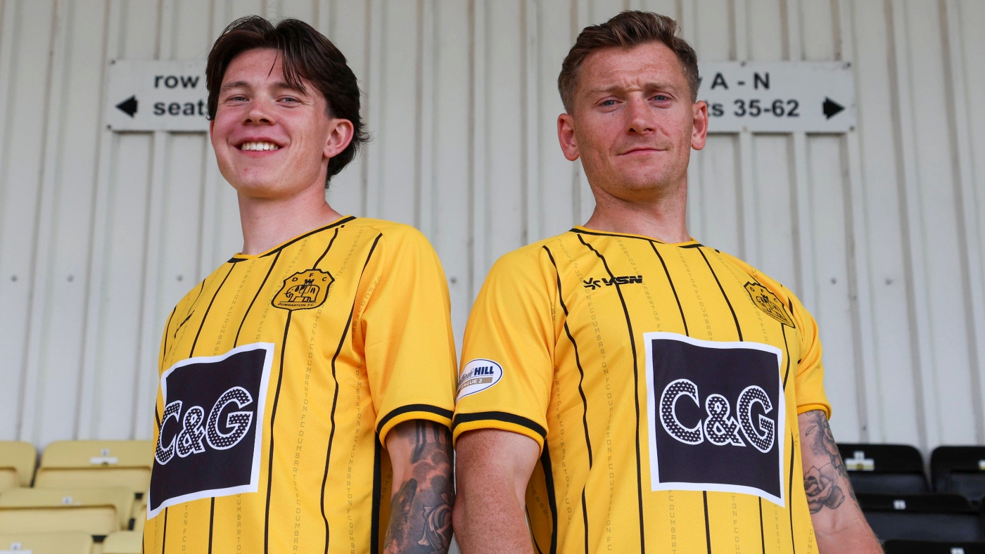 Kristian Webster and Mikey Doyle model Dumbarton FC's new away kit